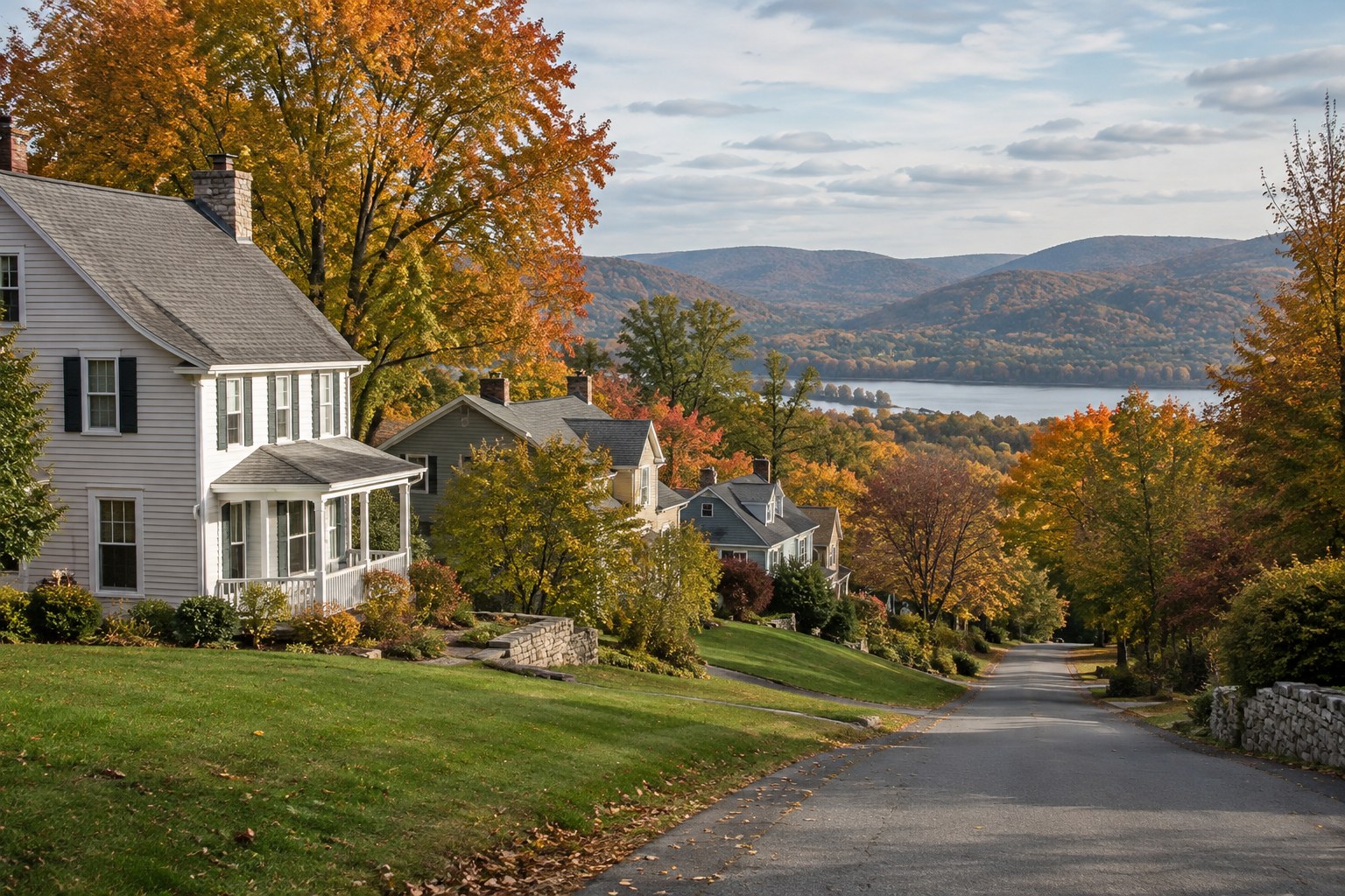 A residential street in Westchester at sunset, illustrative