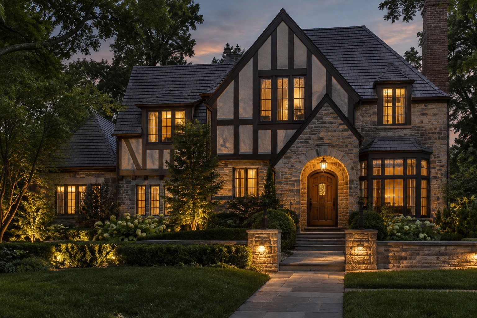 A Westchester and the Hudson Valley home at dusk, illustrative